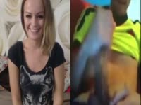Bashful blonde amateur webcam model smiles and giggles as a dude with huge dick jerks off